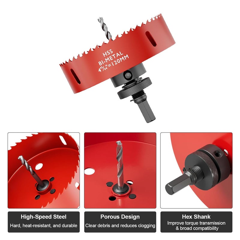 FIVELAKE 4-3/4" (120mm) Bi-Metal M42 High Speed Steel Hole Saw with Pilot Drill Bit, Smooth Cutting Edge for PVC, Drywall, Wood, Plastic, Gypsum Board, Rubber, Thin Metal - Image 2